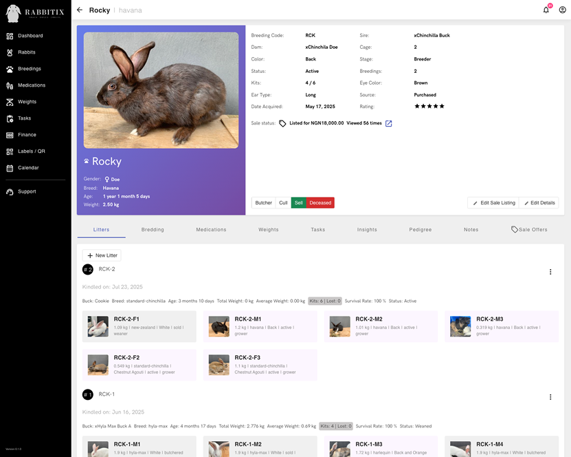 Rabbit litter management screenshot